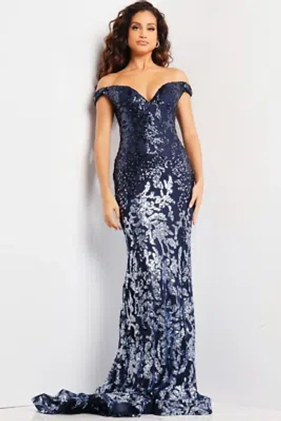 Pre-owned Jovani 36370 Evening Dress Lowest Price Guarantee Authentic In Navy/light Blue