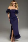 Jovani 36375 Long High Slit Feather Formal Evening Dress In Blue