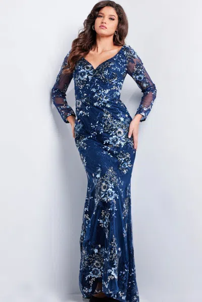 Jovani 36399 Floral Long Formal Sequin Velvet Evening Dress In Blue