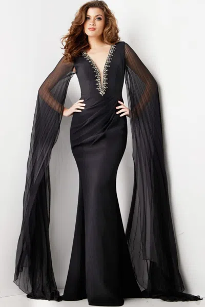 Jovani 36473 Long Pleated Embellished Formal Evening Dress In Black