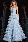Jovani 36571 Long Spaghetti Strap Floral Print Ruffle Prom Dress In Blue
