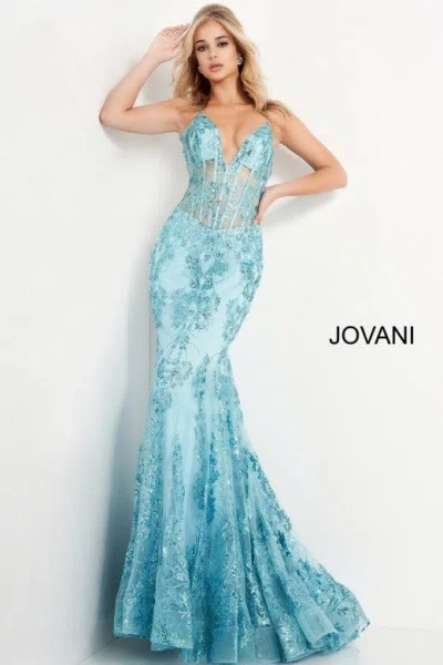 Jovani 3675 Prom Long Spaghetti Straps Mermaid Gown Turquoise In Blue