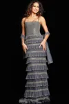 Jovani 36816 Beaded Ruffle Long Formal Dress In Gray