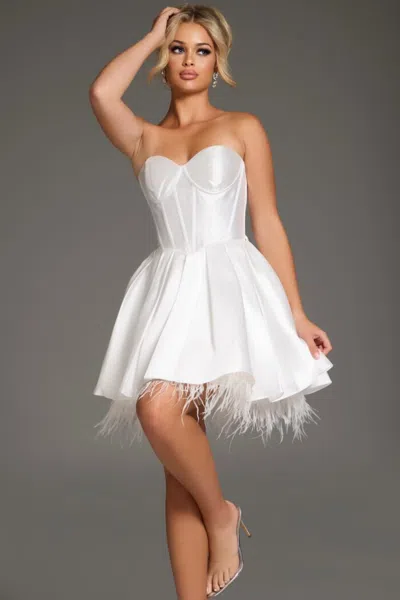 Jovani 36979 Short Feather Hem Cocktail Dress In White