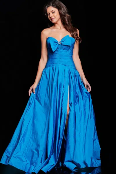Jovani 37066 Long Pleated Formal Slit Evening Dress In Blue