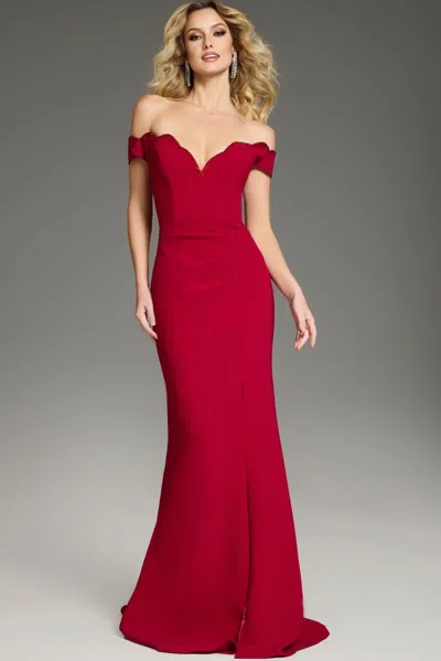 Jovani 37147 Beaded Long Scalloped Neckline Formal Dress In Red
