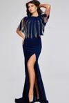 Jovani 37386 Long Mermai Fit Beaded Formal Evening Fringe Dress In Blue