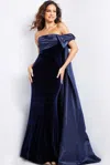 Jovani 37391 Off The Shoulder Velvet Formal Dress In Blue