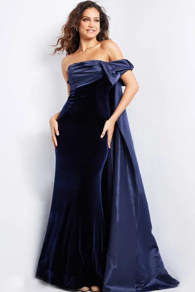 Jovani 37391 Off The Shoulder Velvet Formal Dress In Blue