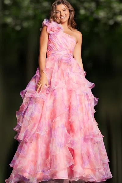 Jovani 37455 Long Ball Gown A Line Print Prom Dress In Pink