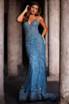 Jovani 37595 Spaghetti Strap V Neck Embroidered Long Prom Dress In Blue