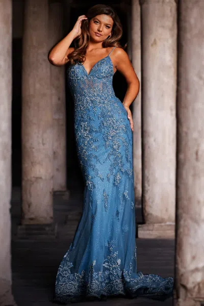 Jovani 37595 Spaghetti Strap V Neck Embroidered Long Prom Dress In Blue