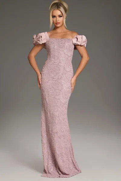 Jovani 38112 Long Fitted Formal Ruffled Sleeve Evening Dress In Pink