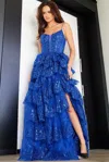 Jovani 38144 Long Formal Ball Gown Ruffle Print Prom Dress In Blue