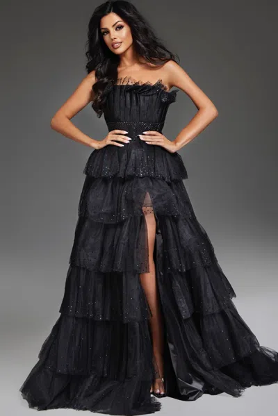 Jovani 38301 Long A Line Ball Gown Tiered Prom Dress In Black