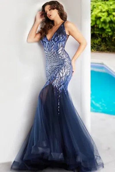 Pre-owned Jovani 38373 Evening Dress Lowest Price Guarantee Authentic In Navy/peri