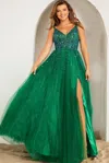 Jovani 38437 Sleeveless Embellished High Slit A Line Long Prom Dress In Green