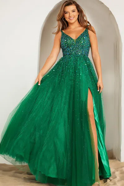 Jovani 38437 Sleeveless Embellished High Slit A Line Long Prom Dress In Green