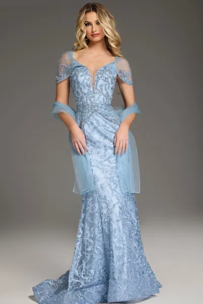 Jovani 38514 Long Formal A Line Evening Lace Dress In Blue