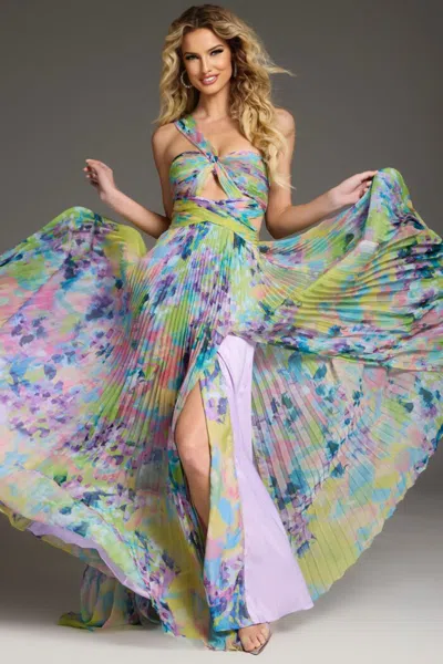 Jovani 38688 Floral Long Pleated Formal Prom Dress In Multi