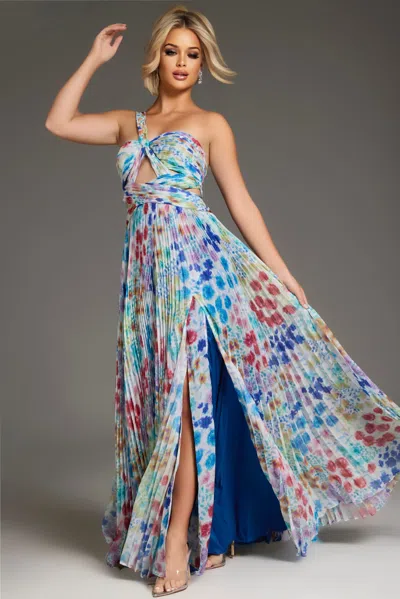 Jovani 38689 Long Formal Pleated Floral Print Prom Dress In Multi