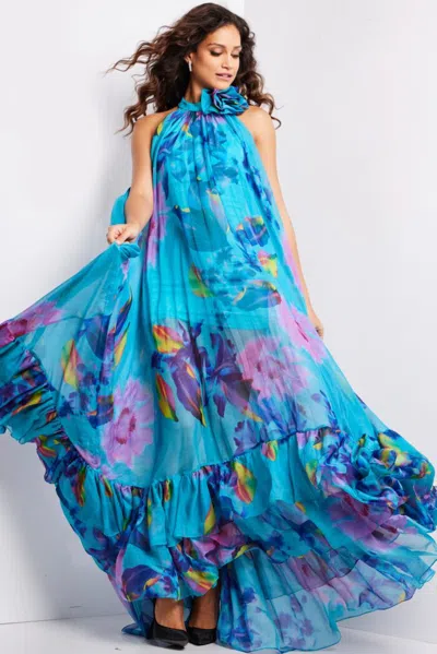 Jovani 38721 Long Printed A Line Ruffle Formal Prom Dress In Animal Print