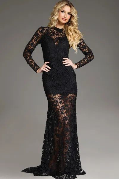 Jovani 39034 Long Sleeve Formal Fitted Lace Evening Dress In Black