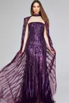 Jovani 39046 Long Mermaid Formal Sequin Cape Dress In Purple