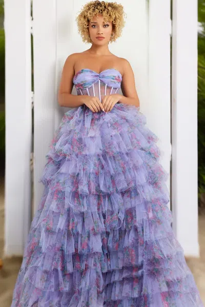 Jovani 39149 Formal Long Ball Gown Printed Layered Prom Dress In Purple