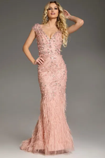 Jovani 39174 Long Fitted Formal Evening Feathered Dress In Pink