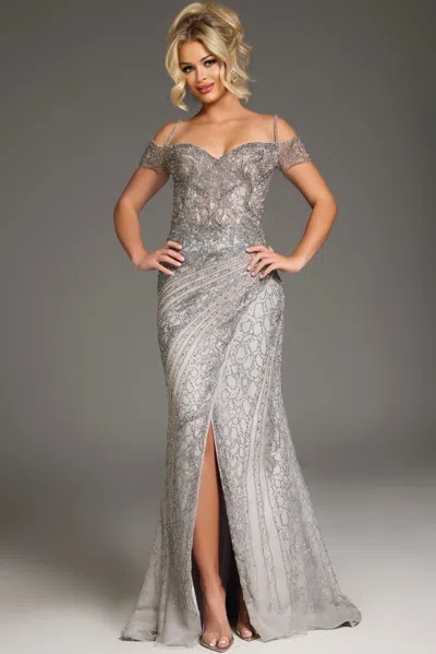 Jovani 39175 Long Fitted Formal Beaded Evening Dress In Gray
