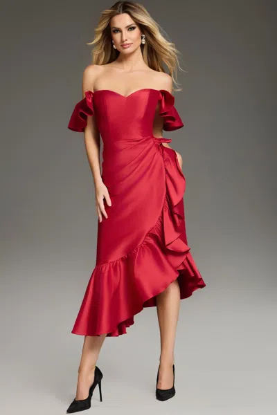 Jovani 39264 Fitted High Low Ruffled Cocktail Dress In Red