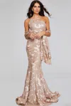 Jovani 39267 Long Mermaid Formal Floral Appliqued Evening Dress In Gold