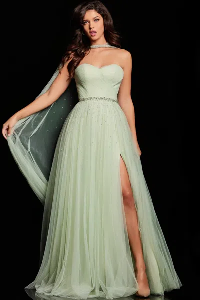 Jovani 39307 Beaded Long Formal A Line Pleated Prom Dress In Green
