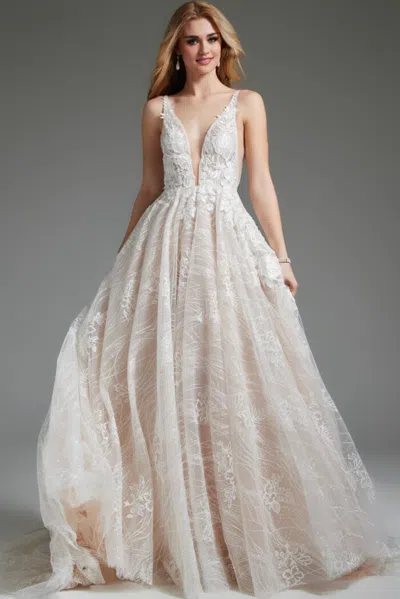 Jovani 39435 Long A Line Beaded Wedding Dress In Multi