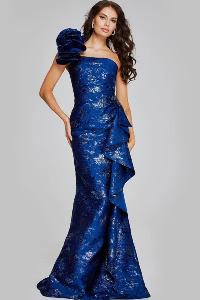 Jovani 39438 Long Mermaid Metallic Formal Evening Dress In Blue
