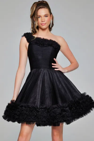 Jovani 39665 A Line Short Homecoming One Shoulder Cocktail Dress In Black
