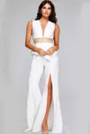 Jovani 39720 Long Waist Detail High Slit Formal Pant Suit In White