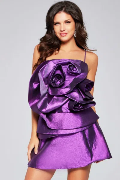 Jovani 39749 Short Metallic A Line Cocktail Dress In Purple