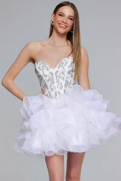 Jovani 39932 Sequin A Line Ruffle Short Cocktail Dress In White