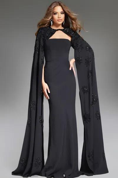 Jovani 39957 Fitted Long Beaded Cape Formal Dress In Black
