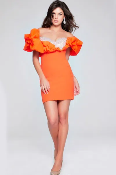 Jovani 39985 Short Ruffle Sleeve Beaded Cocktail Dress In Orange