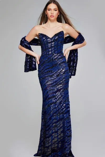 Jovani 40181 Long Mermaid Formal Beaded Evening Dress In Blue