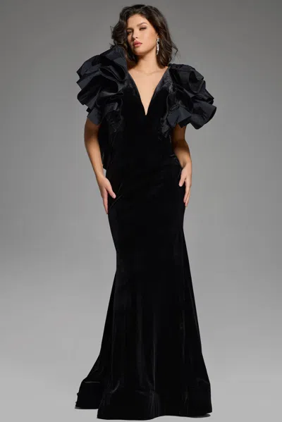 Jovani Ruffled Sleeves Velvet Evening Gown In Black