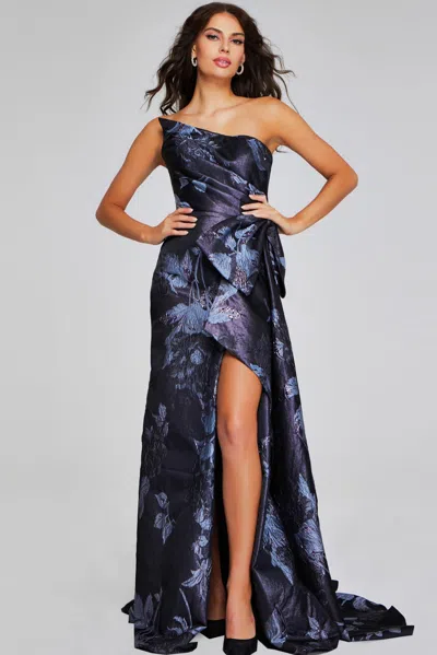 Jovani 40308 Long Formal Floral Print Mermaid Evening Prom Dress In Blue