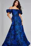 Jovani 40315 Printed Long Ball Gown Metallic Formal Evening Prom Dress In Blue