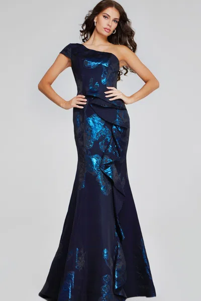 Jovani 40320 Long Mermaid Formal Metallic Evening Prom Dress In Blue