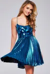 Jovani 40350 A Line Pleated Metallic Short Cocktail Dress In Blue