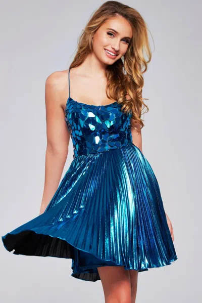 Jovani 40350 A Line Pleated Metallic Short Cocktail Dress In Blue