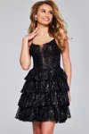 Jovani 40386 Short Sequin A Line Tiered Cocktail Dress In Black